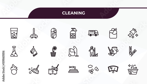 fully editable outline icon collection from cleaning concept. thin line icons set such as emulsion, vacuum cleanin, sweeping, wiper, water soak,
