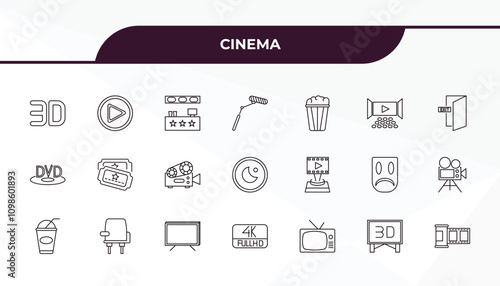 fully editable outline icon collection from cinema concept. thin line icons set such as 3d text, 3d video, film award, 3 dimension screen, film negatives,