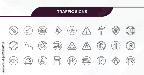 fully editable outline icon collection from traffic signs concept. thin line icons set such as keep right, keep left, police station, narrow road, no turn,