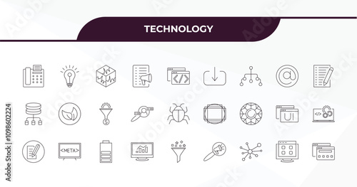 fully editable outline icon collection from technology concept. thin line icons set such as fax phone, light bulb idea, mentions, web apps, semantic elements,