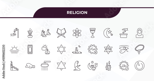 fully editable outline icon collection from religion concept. thin line icons set such as islamic wudu, incense burner, sadaqah charity, halal, asceticism,