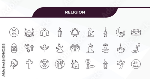 fully editable outline icon collection from religion concept. thin line icons set such as cross, small mosque, fasting, ganesha, islamic halal,