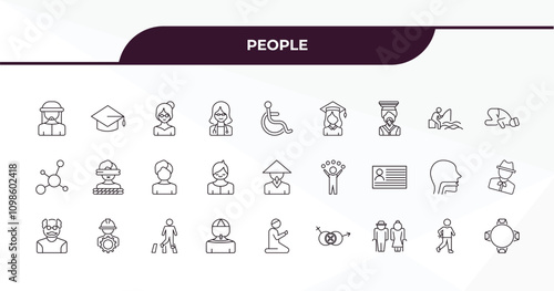 fully editable outline icon collection from people concept. thin line icons set such as bedouin, students graduation hat, sitting man fishing, spindle, round table,