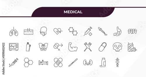 fully editable outline icon collection from medical concept. thin line icons set such as breath control, epidermis, , syrup medicine bottle, caduceus,