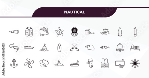 fully editable outline icon collection from nautical concept. thin line icons set such as boat telescope, submarine facing right, dolphin, suroard, boat steering wheel,