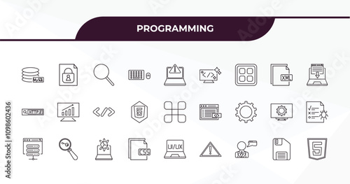 fully editable outline icon collection from programming concept. thin line icons set such as mysql, encripted file, xml, floppy disk, html,