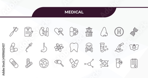 fully editable outline icon collection from medical concept. thin line icons set such as medical hammer tool, medical records, heliport, plasma, notepad,