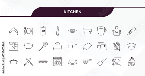 fully editable outline icon collection from kitchen concept. thin line icons set such as napkin, dinner, apron, recipe, cupcake,