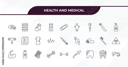 fully editable outline icon collection from health and medical concept. thin line icons set such as ophthalmology, medical strip, arm, defibrillator, hospital bed,