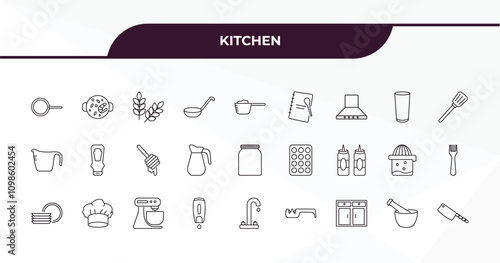 fully editable outline icon collection from kitchen concept. thin line icons set such as pan, paella, glass, mortar, cleaver,