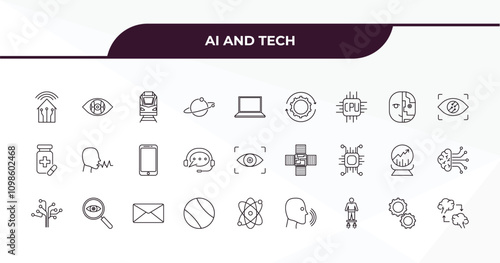 fully editable outline icon collection from ai and tech concept. thin line icons set such as smart home, bionic eye, humanoid, hine, mind transfer,