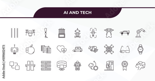 fully editable outline icon collection from ai and tech concept. thin line icons set such as road, unmanned aerial vehicle, fyling vehicle, recognition, future brain,