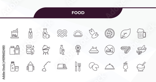 fully editable outline icon collection from food concept. thin line icons set such as stew, sparkling wine, leaf, tropical drink, dandan noodles,