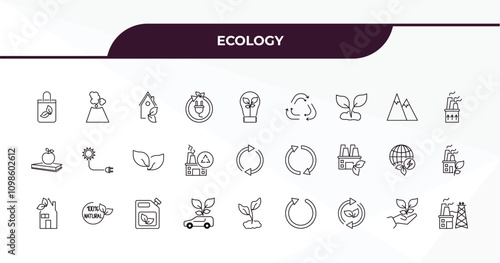 fully editable outline icon collection from ecology concept. thin line icons set such as eco bag, geyser, snowy mountains, plant on a hand, power plant,