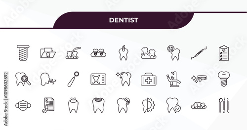 fully editable outline icon collection from dentist concept. thin line icons set such as implant fixture, dental folder, periodontal scaler, malocclusion, dentist tools,