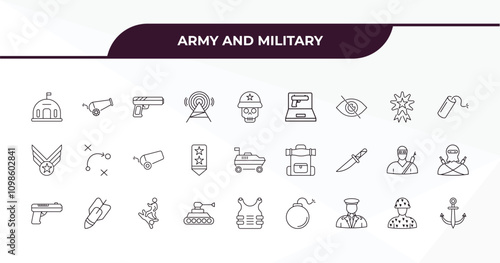fully editable outline icon collection from army and military concept. thin line icons set such as bunker, artillery, medal, conscription, naval,