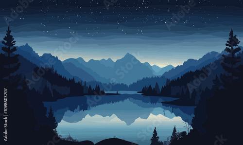 Tranquil Night Mountain Lake under Starry Sky in Minimalist Vector Art
