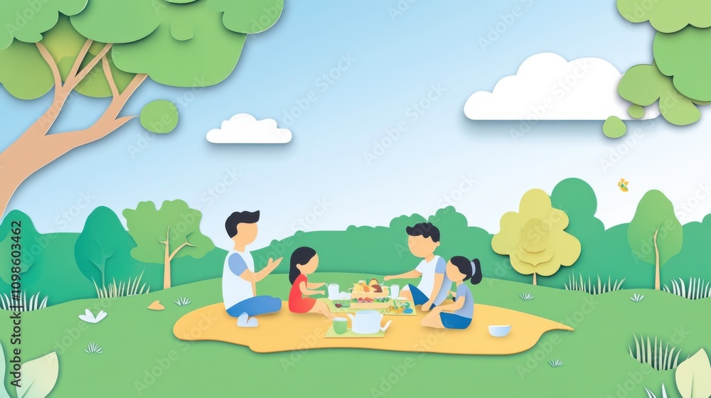 Naklejka premium A serene illustration of a family enjoying a picnic in a green park, symbolizing sustainable living and outdoor activities, with a bright blue sky