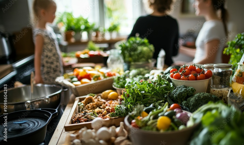 Obraz premium Abundant fresh produce, kitchen, preparing meal.