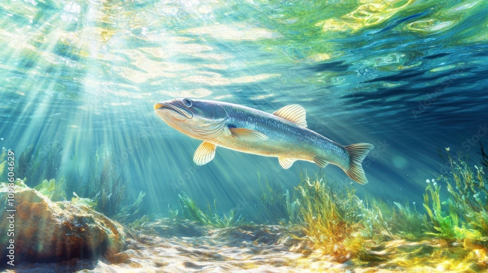 Fototapeta premium Fish Swim Through Crystal Clear Waters to Spawn in the Vibrant Sea Ecosystem