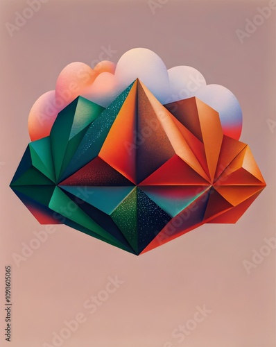 A cluster of colorful, faceted shapes in green, orange, and red forms a cloud like structure against a soft, neutral background.