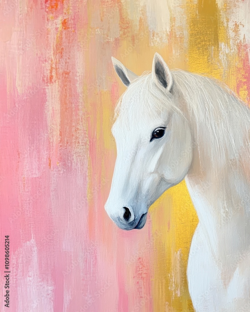 Naklejka premium Majestic White Horse Emerges Gracefully Against a Colorful Abstract Backdrop