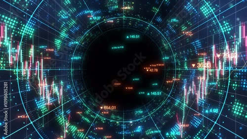 Digital glowing data tunnel. Loop animation with Alpha