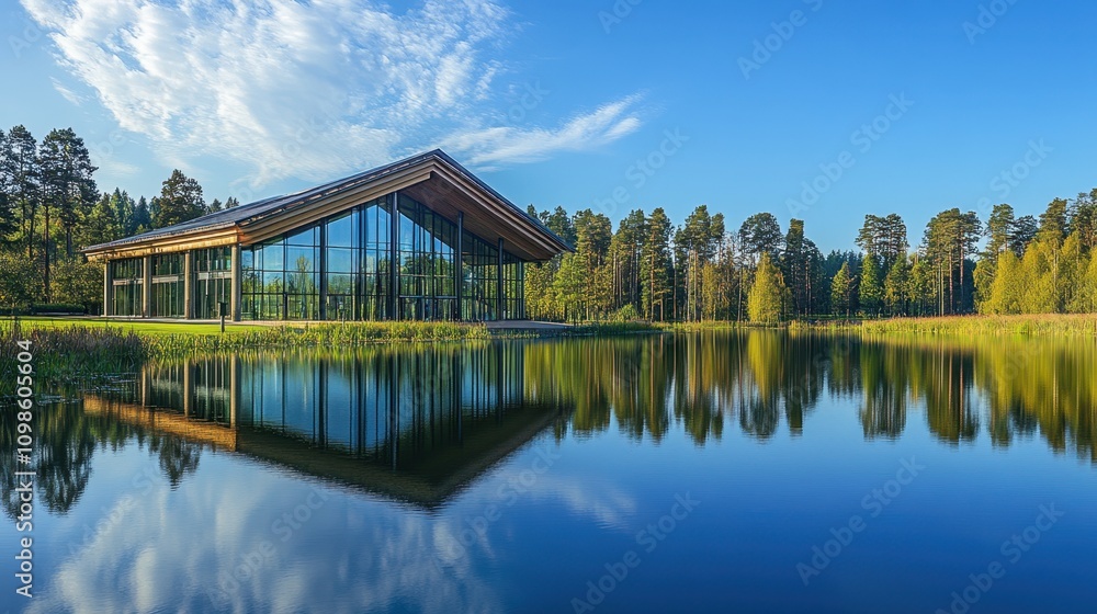 Obraz premium Modern Architectural Marvel Reflects in Tranquil Lake Surrounded by Lush Greenery
