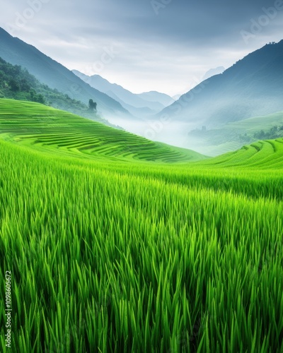 Green Undulating Rice Terraces Embrace Misty Mountains at Dawn