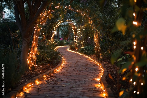 A magical garden path adorned with glowing fairy lights, creating a whimsical and serene atmosphere perfect for evening strolls.