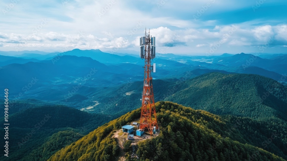 Obraz premium Telecom Tower Overlooking Mountainous Landscape