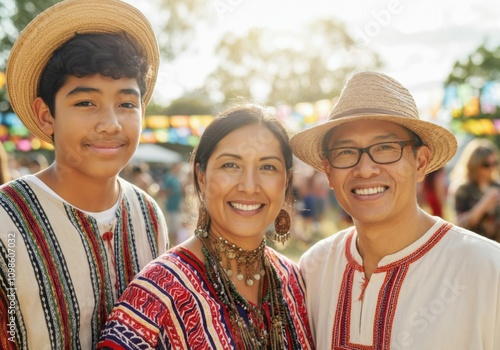 Family wearing traditional clothes smiling at summer festival photo