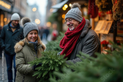 a family selecting a Christmas tree at the market