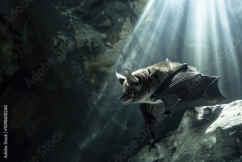 A bat perches on a rocky outcropping within a dark cave photo