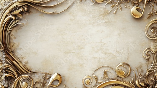 Elegant Christmas Carol Music Sheet: Vintage Texture with Gold Foil Notes and Metallic Treble Clefs Framing an Ivory Center, Fine Art Photography Quality.