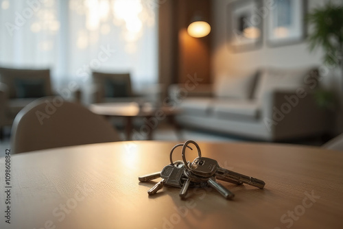 Keys on table with apartment background, rent apartment, sell apartment