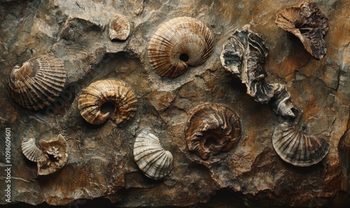 Fossil shells embedded in ancient rock. photo