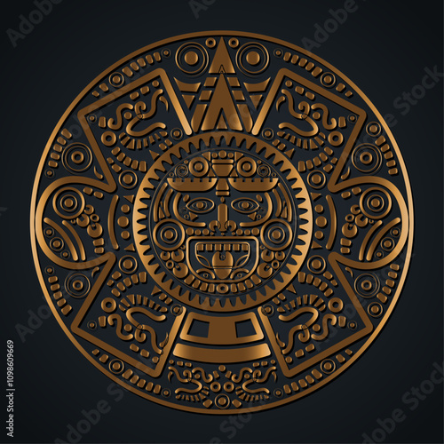 Sacred Aztec wheel calendar Mayan sun god, golden Maya symbols ethnic mask, gold round frame border old logo icon vector illustration isolated on black background