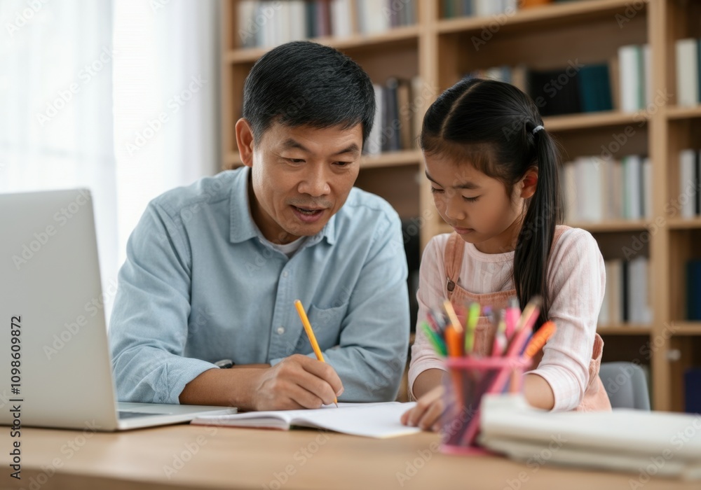 Obraz premium Asian teacher assisting a young female student with her homework in a library or classroom setting