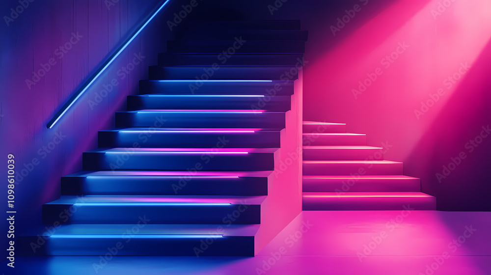 Fototapeta premium Modern minimalism style stairs with night lighting. Minimalism. Illustration