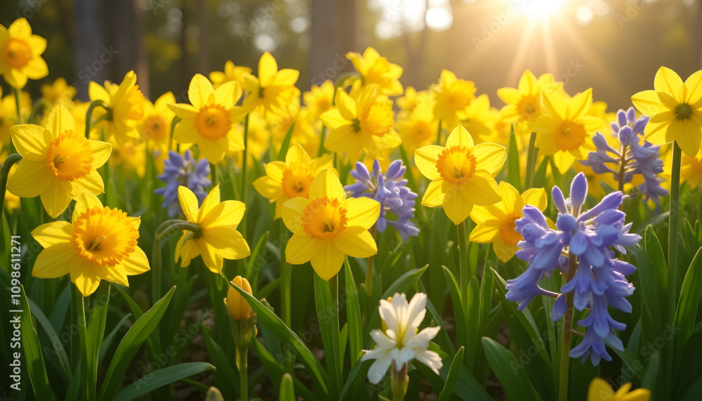 Obraz premium Spring Daffodils and Purple Hyacinths Illuminated by Golden Sunset Light in Natural Garden Setting 