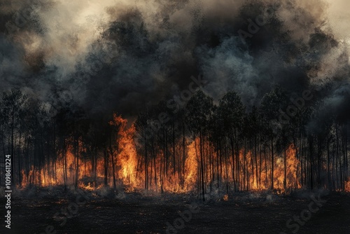 Inferno: Forest Fire Under Dark Clouds - Burning trees, dark clouds, wildfire, destruction, nature. Powerful image symbolizing climate change, environmental disaster, loss, resilience, and the fight a photo