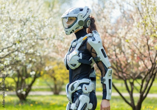 Woman wearing a futuristic exoskeleton suit stands in a park with blooming trees