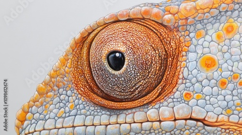 Close-up of a chameleon rotating eye, showing the textured scales and unique mobility of this fascinating reptile. photo