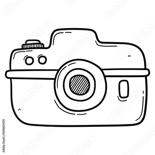 Hand drawn doodle photo camera on white background.