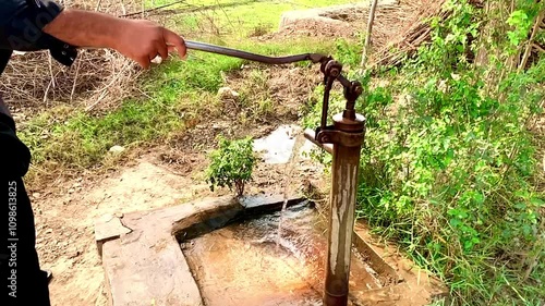 Man hands retrieving water from hand pump and water is flowing from the water outlet. Water saplashing Video. Beautiful 4k footage.