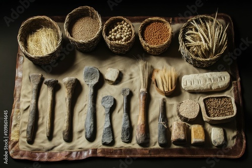 Ancient grains, tools, and wheat on leather.