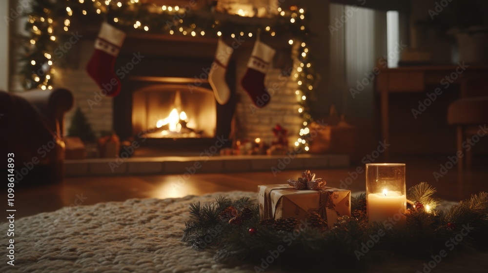 Obraz premium decorated Christmas mantlepiece with glowing stockings, a garland of evergreen branches and fairy lights, and a roaring fire, 