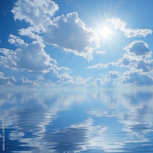 Blue sky with white clouds and water reflection, bright sunrays, high resolution