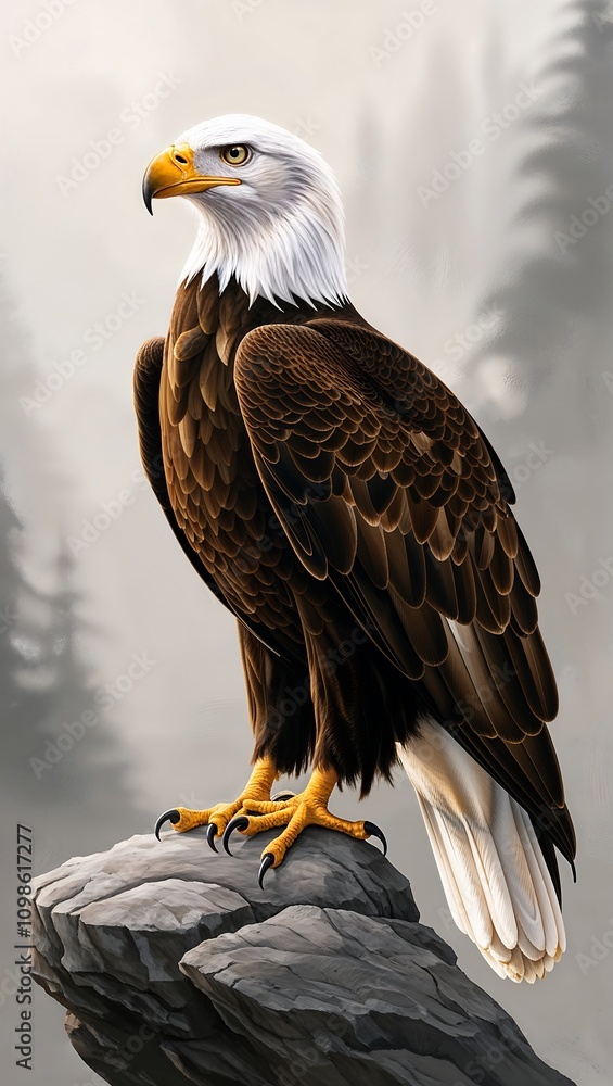 Obraz premium Majestic eagle perched on a rocky cliff in a misty forest during early morning hours